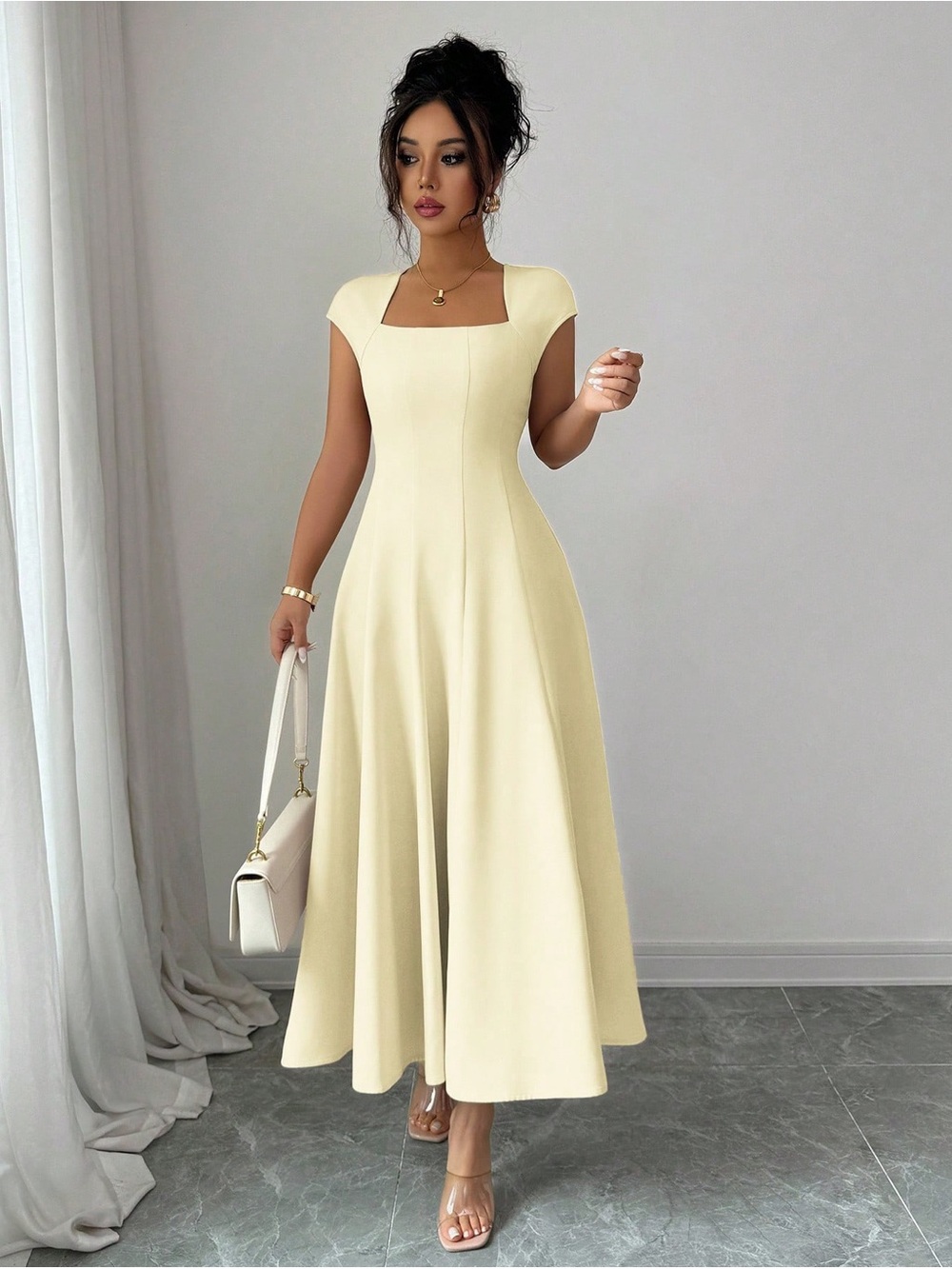 Elegant Cream Square-Neck Maxi Dress